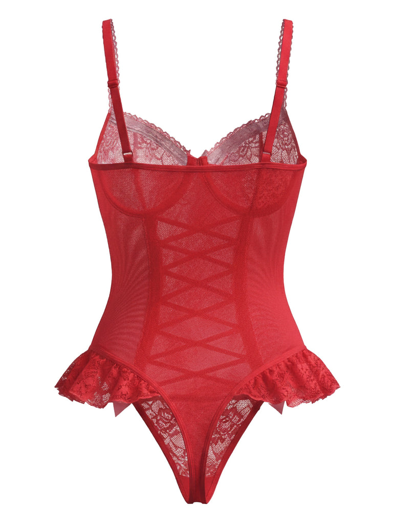 Red 1960s Lace Bow Corset Lingerie With Stocking