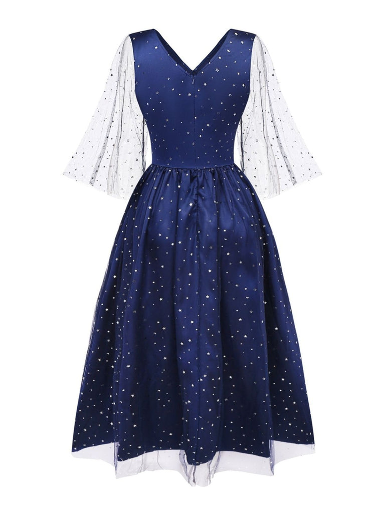 Blue 1970s Halloween Starry Witch Tulle Costume Dress