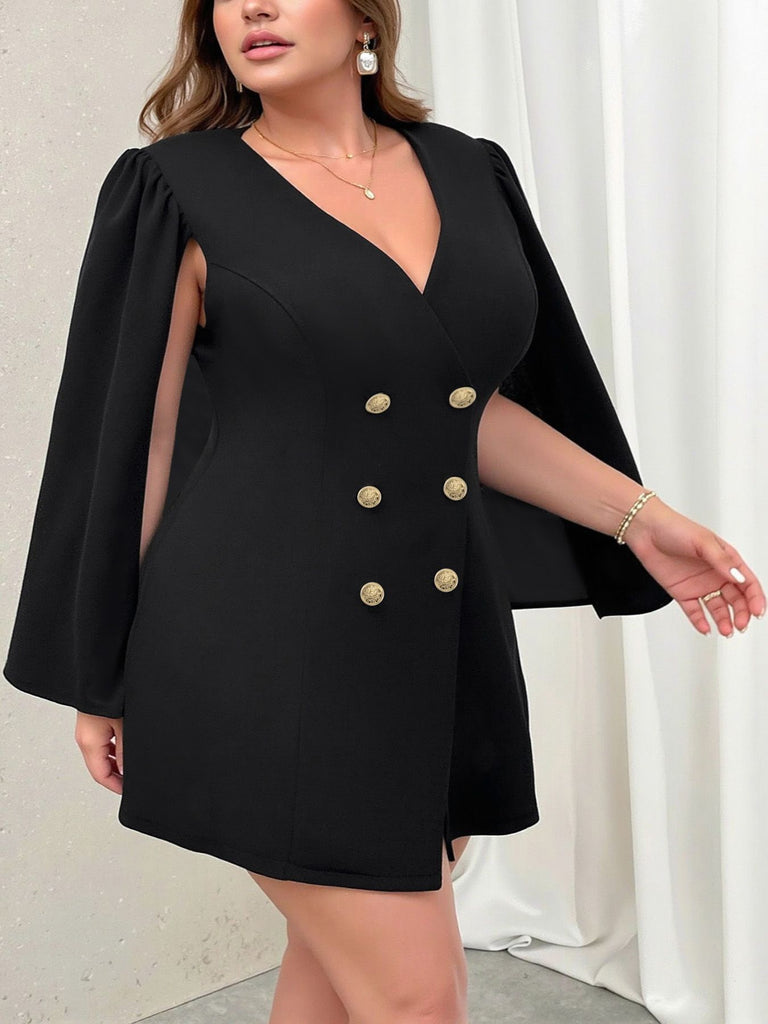 [Plus Size] Black 1970s Solid Vintage Double-Breasted Suit Jacket