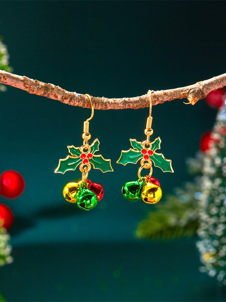 Christams Holly Leaf Jingle Bell Drop Earrings