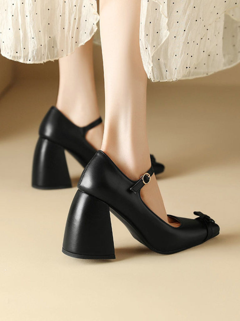 Vintage Bow Strap Point Toe Chunky Heels