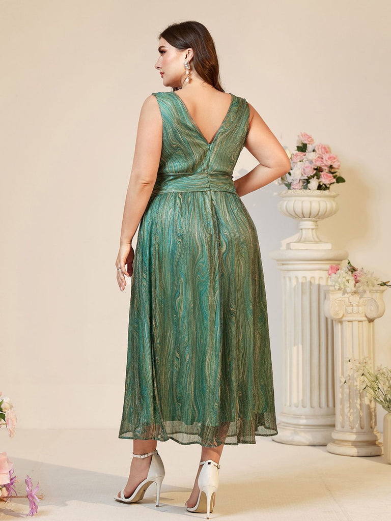 [Plus Size] Green 1980s Deep V Glitter Marble Print Dress