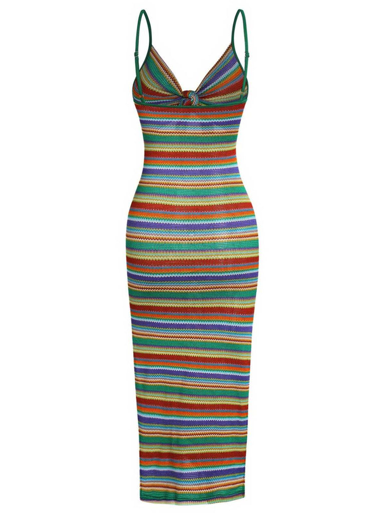1970s Strap Colorful Stripes Lace-Up Boho Dress
