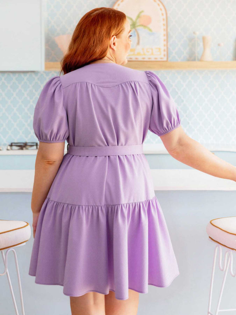 [Plus Size] Lavender 1950s Puff Sleeve Shirt Dress