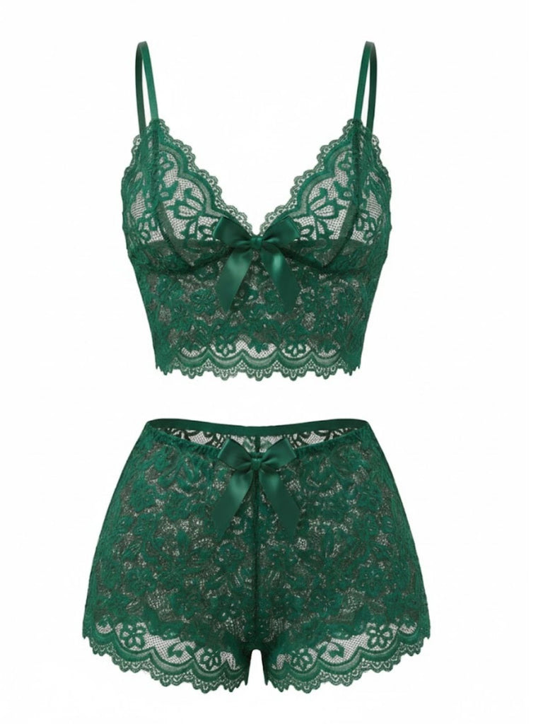 Red 1960s Spaghetti Strap Lace Floral Bow Pajama Set