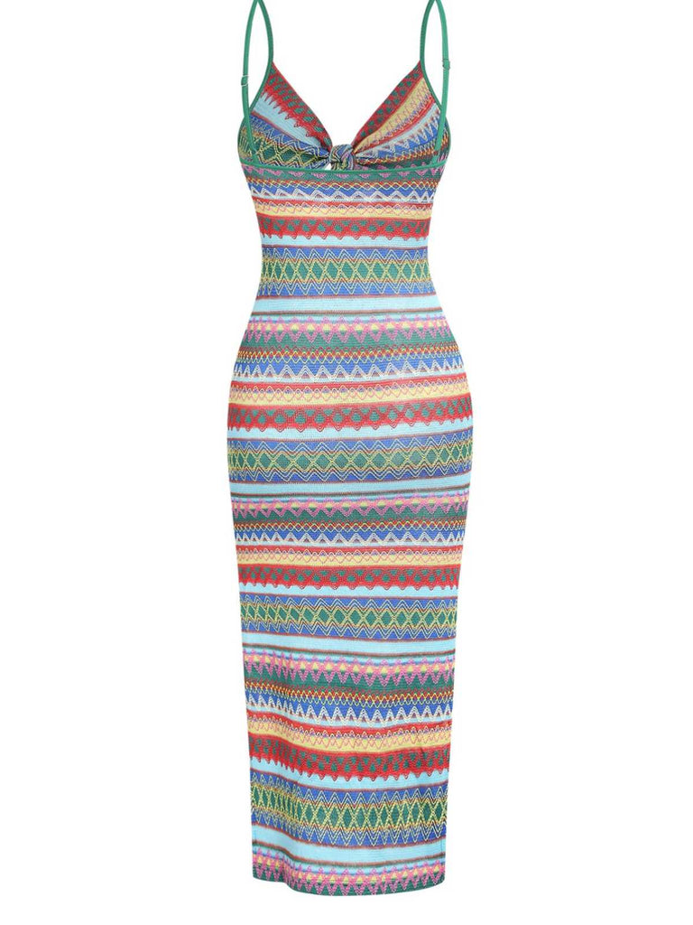 1970s Strap Colorful Stripes Lace-Up Boho Dress