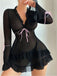 Black 1970s Bowknot Ruffled Sheer Nightdress