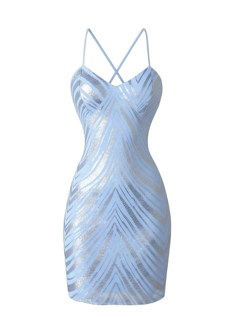 1920s Spaghetti Strap Sequin Chevron Backless Party Dress