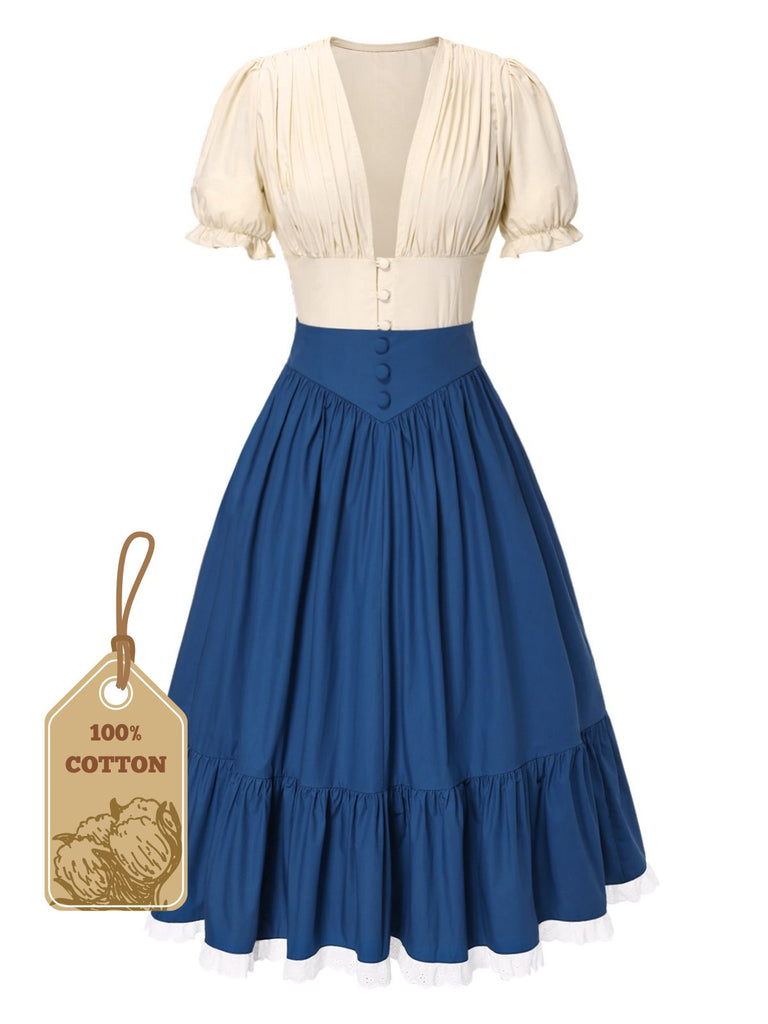 2PCS 1940s Cotton Cream V-Neck Top & Blue Pleated Skirt