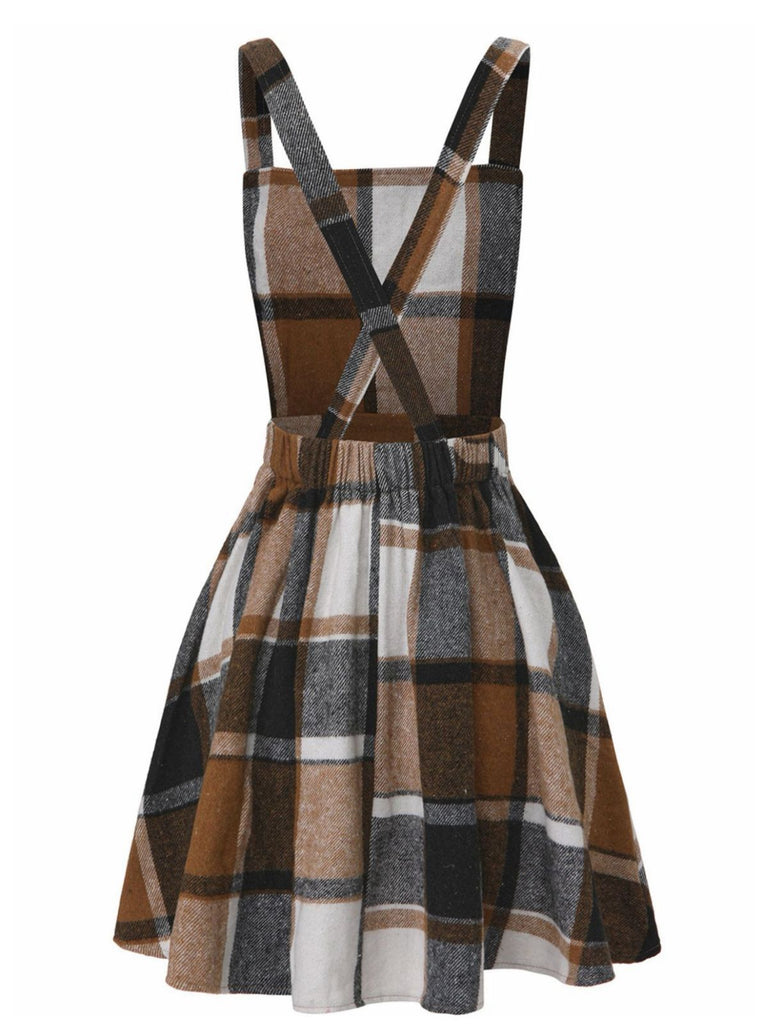 Khaki 1960s Square Neck Plaid Overall Dress