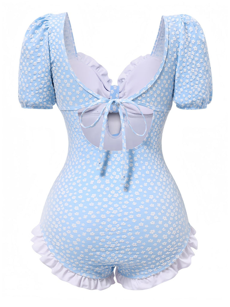 Blue 1940s Ditsy Floral Ruffles One-Piece Swimsuit
