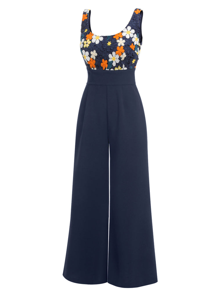 [US Warehouse] Navy Blue 1940s Flower Embroidery Jumpsuit
