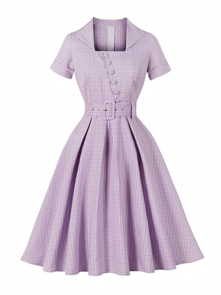 Purple 1950s Plaid Square Neck Button Swing Dress