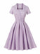 Purple 1950s Plaid Square Neck Button Swing Dress