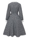 Black 1940s Houndstooth Puff-Sleeves Pearl Button Dress