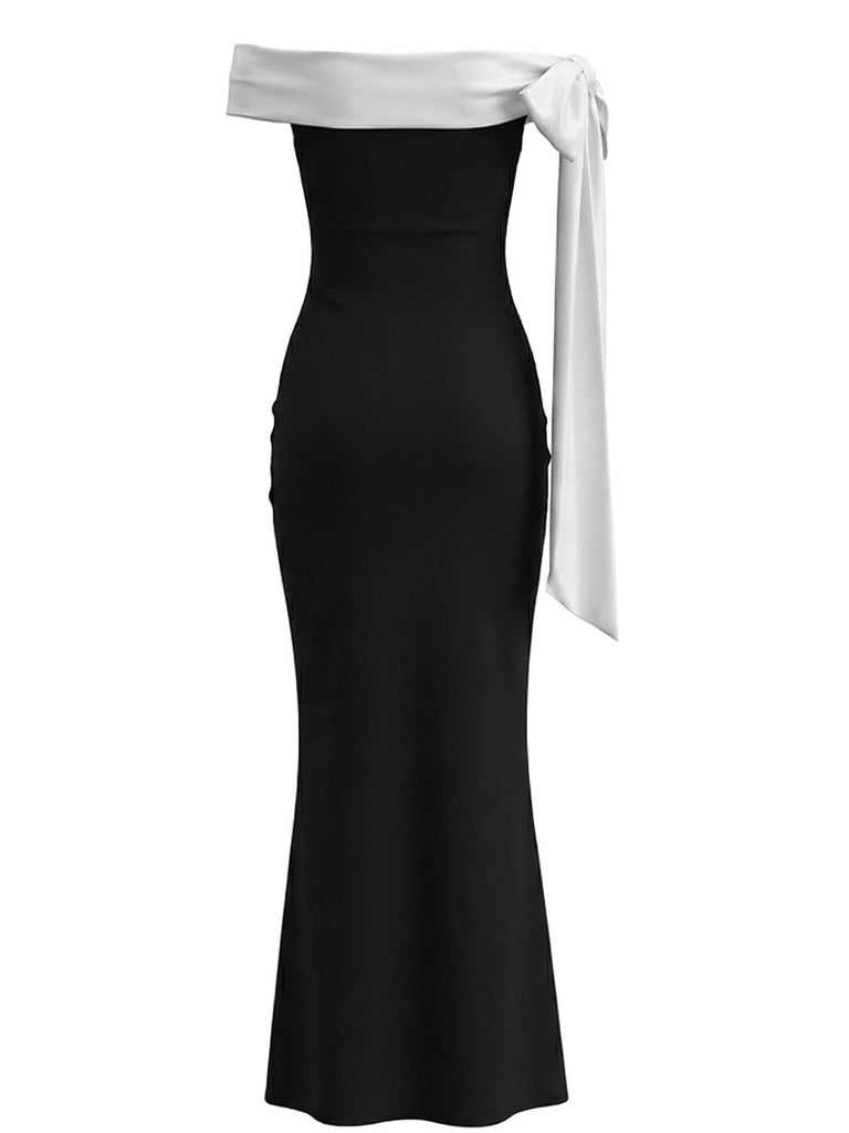 1930s Solid Off-Shoulder Tie Bodycon Maxi Dress