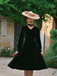 Green 1950s Keyhole V-Neck Pearl Velvet Dress