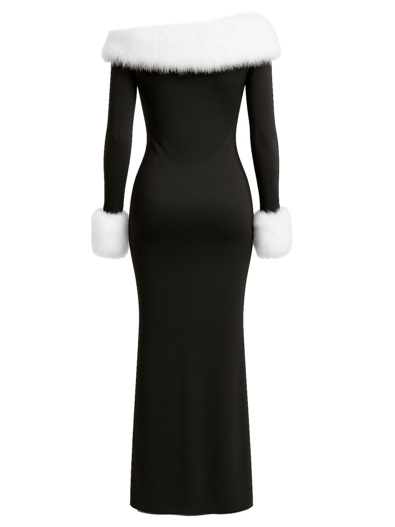 Black 1980s Off-Shoulder Fur Trim Dress