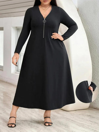 [Plus Size] Black 1950s Front Zipper Solid Dress