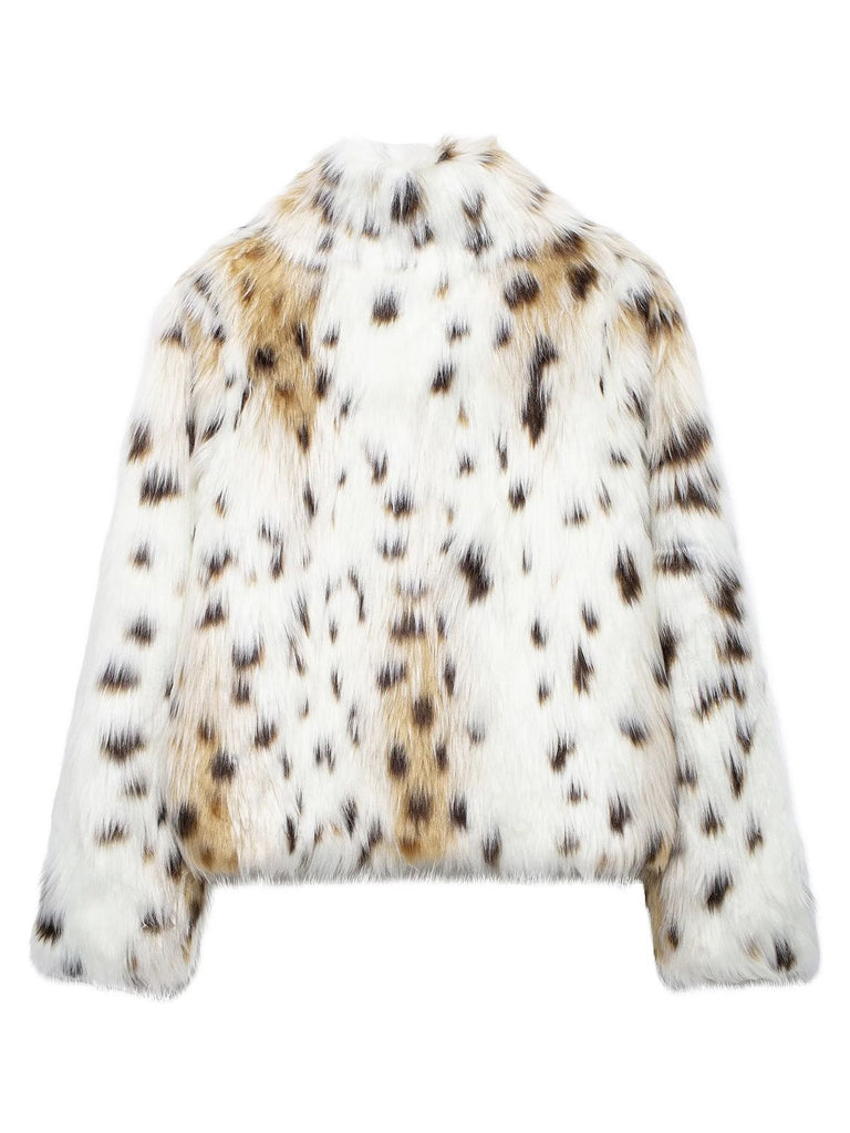 White 1980s Reindeer Print Faux Fur Jacket