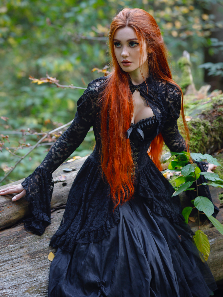 Black 1980s Gigot Sleeve Victorian Lace Dress