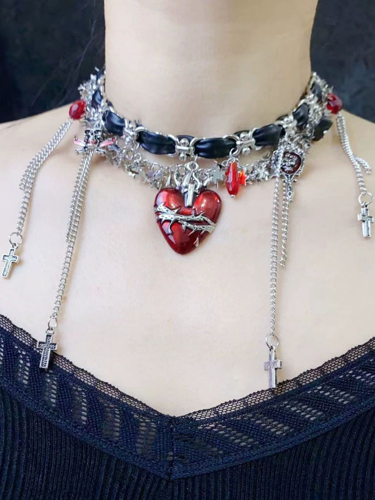 Gothic Thorns Heart Leather Cross Tassel Choker