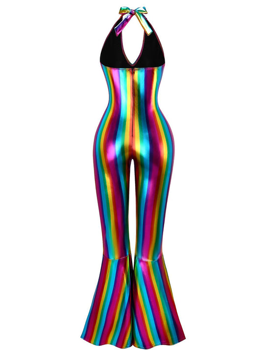 [Pre-Sale] 1970s Rainbow Colorblock Disco Halter Jumpsuit