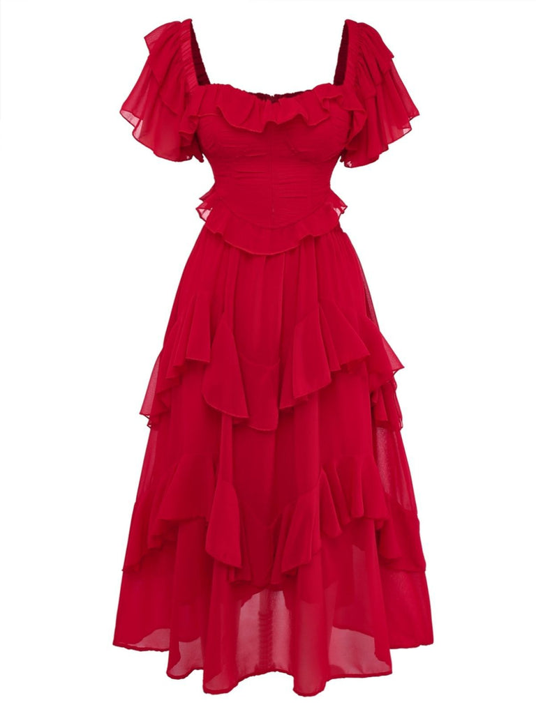 1950s Ruffle Tiered Off-Shoulder Maxi Dress
