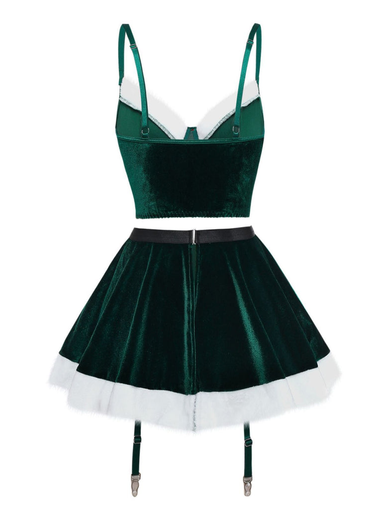 2PCS 1970 Christmas Velvet Top & Skirt Set