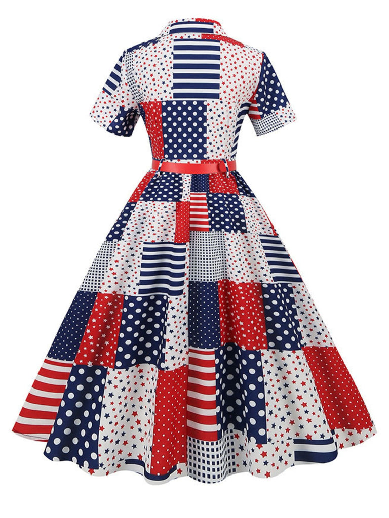 1950s Shirt Neck Stars Stripes Patchwork Dress