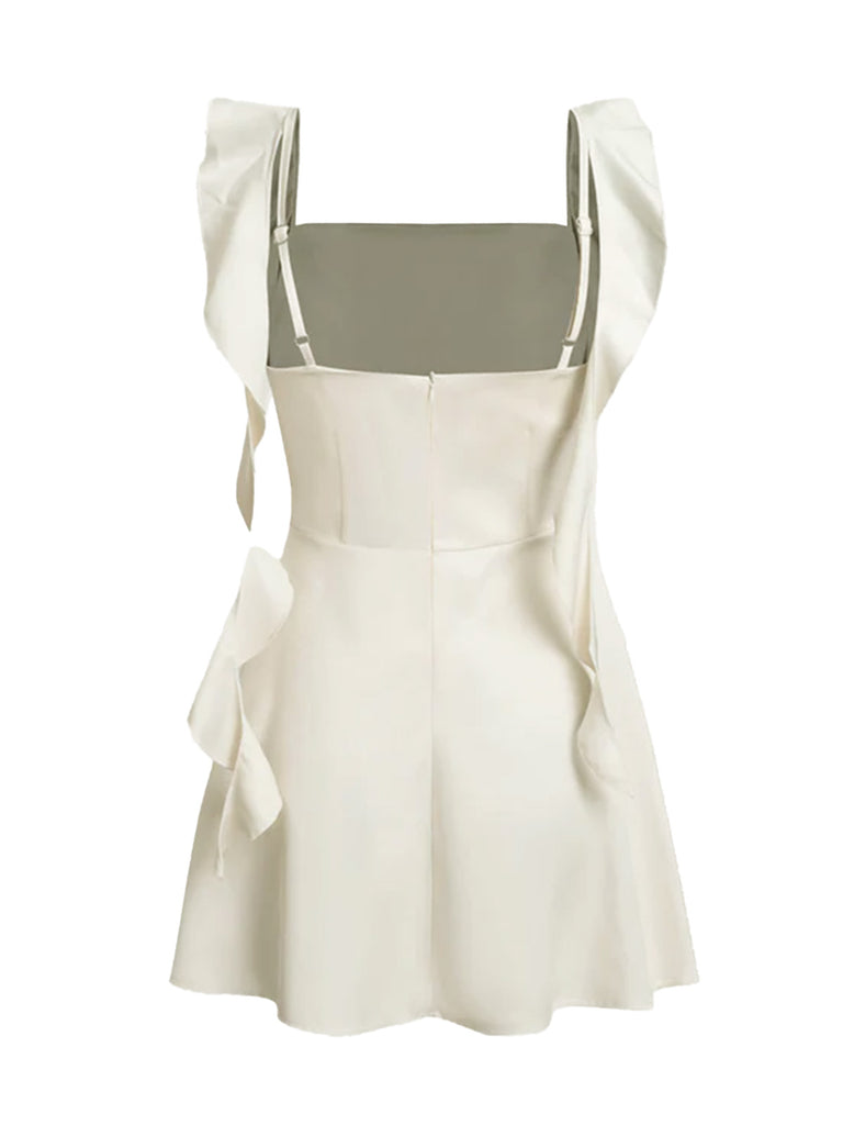 1980s Solid Ruffled Strap Square Neck Dress