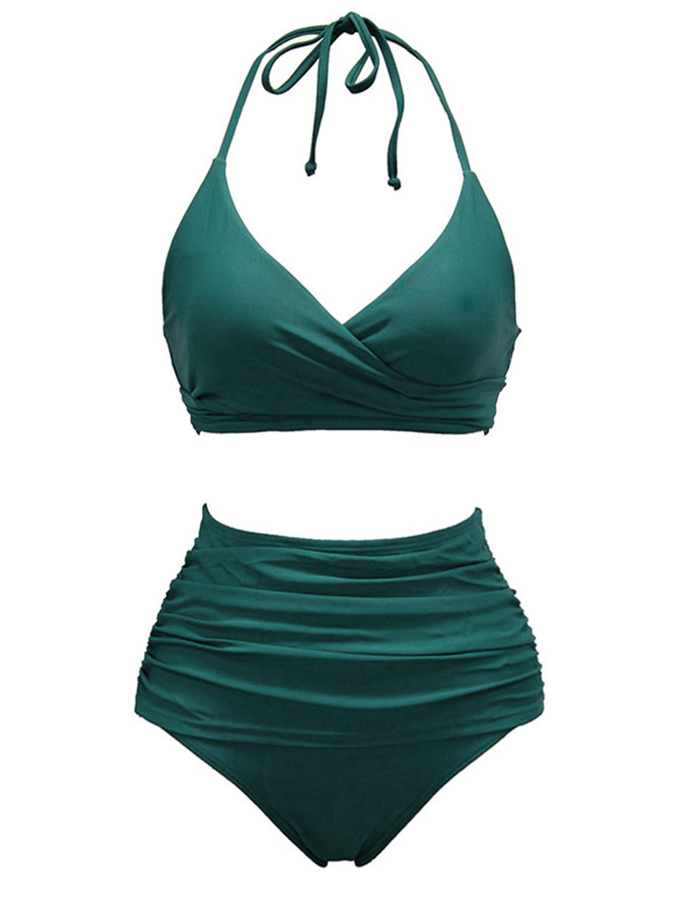 1960s Solid Halter Lace-Up Swimsuit