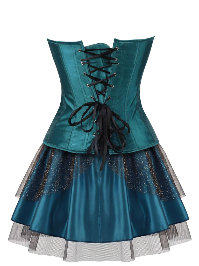 2PCS 1930s Peacock Feather Embroidered Corset & Mesh Pleated Skirt