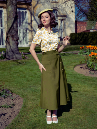 2PCS 1940s Peter Pan Collar Floral Blouse & Slit Skirt
