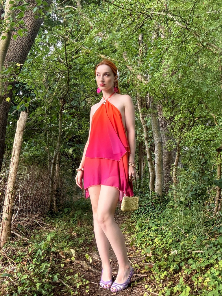 Orange 1960s Gradient Halter Layered Chiffon Mini Dress