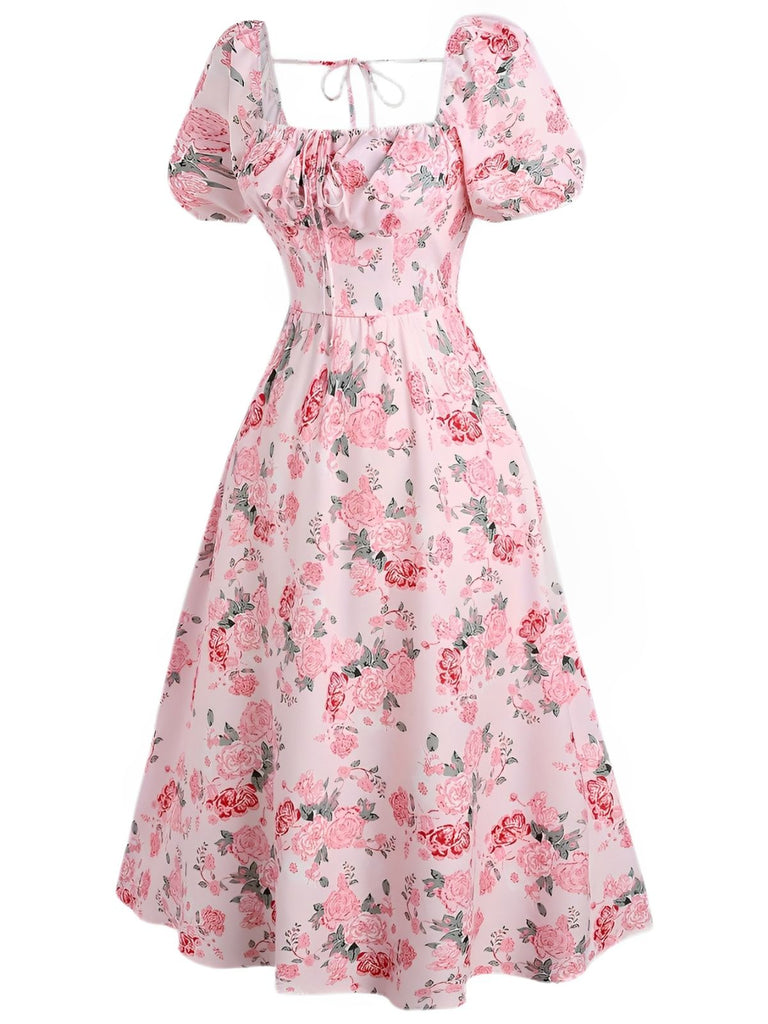[Plus Size] Pink 1950s Square Neck Floral Dress