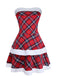 Red 1960s Plaid Strapless Patchwork Dress Set