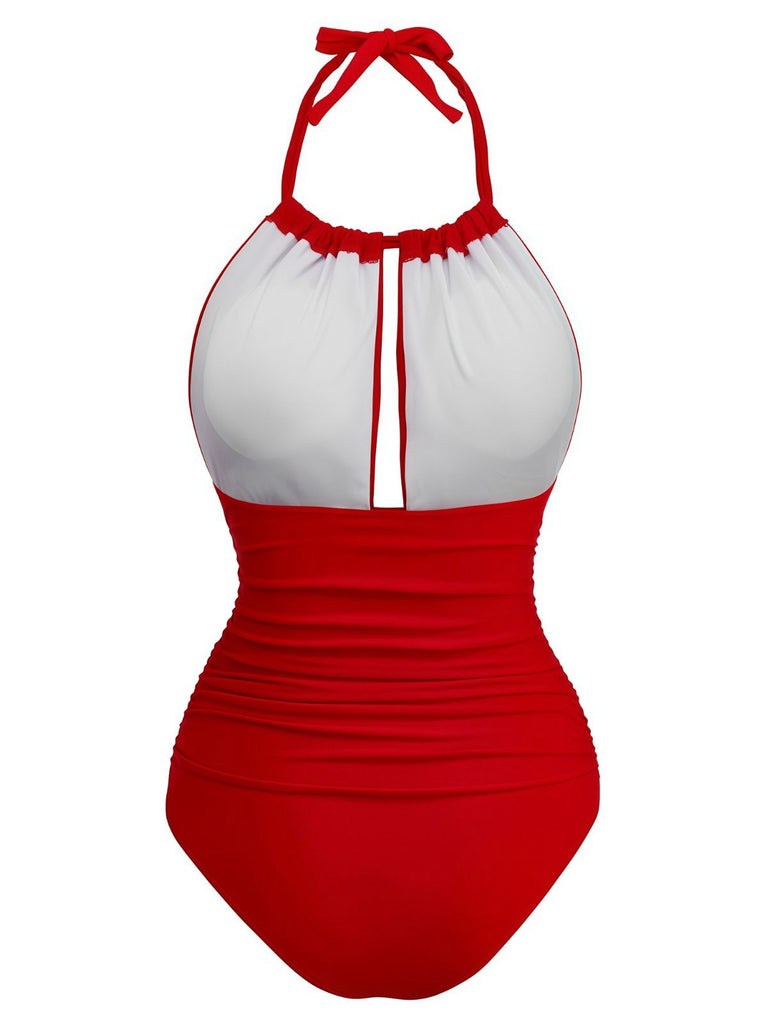 Red 1930s Ruched Halter Hollow One-Piece Swimsuit