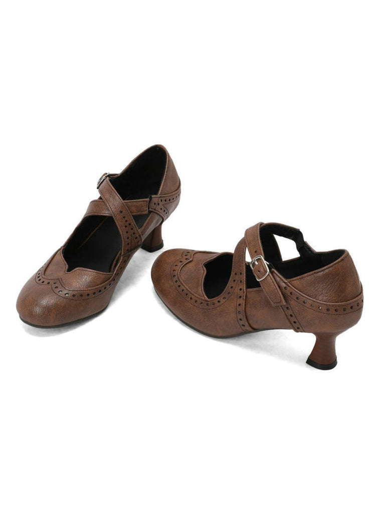 Cross-Strap Perforated Mary Jane Heels