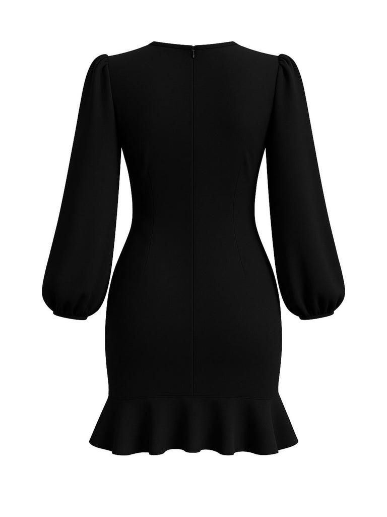 [Pre-Sale] Black 1960s Solid Puff-Sleeve Ruffled Dress