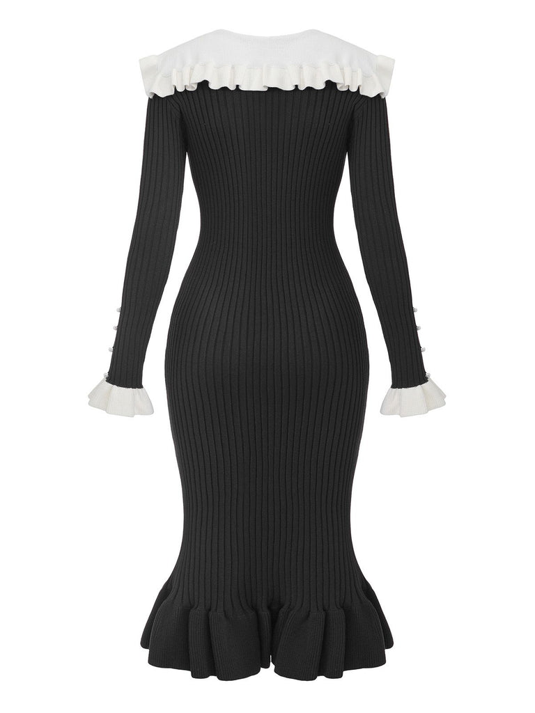 1980s Ribbed Ruffled Collar Midi Dress