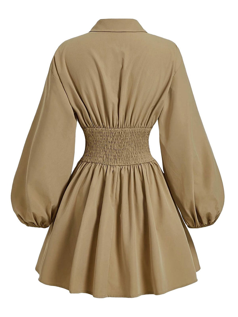 Beige 1960s Puff Sleeves Elastic Cinched Waist Dress