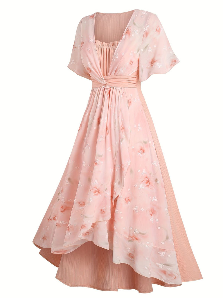 [Plus Size] Pink 1970s Floral Ruffled Irregular Hem Dress