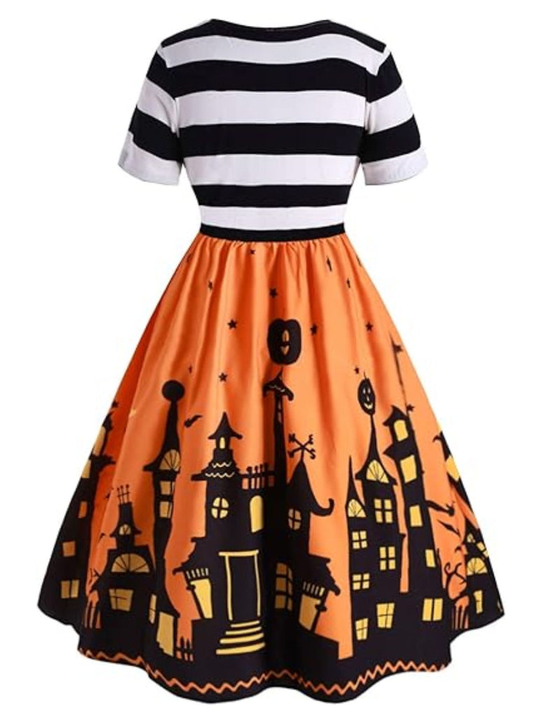 [Pre-Sale] 1950s Halloween Striped Pumpkin Haunted House Print Dress