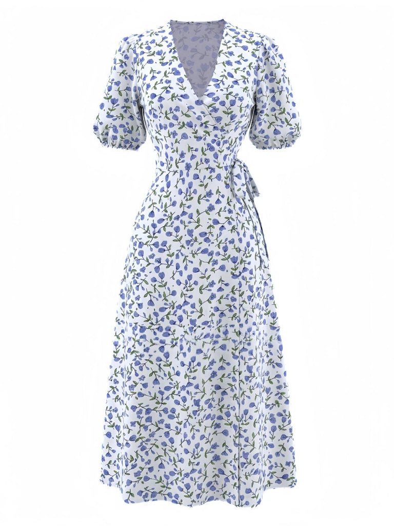 Blue 1950s Floral V-Neck Puff-Sleeve Slit Midi Dress