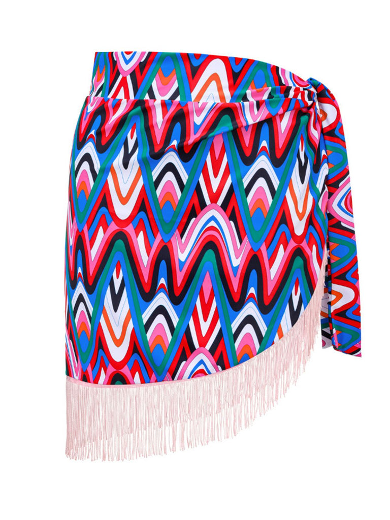 3PCS 1970s Fringe Print Lace-up Halter Bikini Set & Cover Up