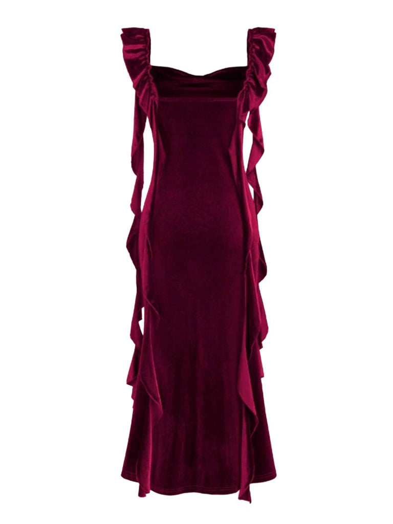 1940s Velvet Ribbon Strap Ruffled Detail Dress