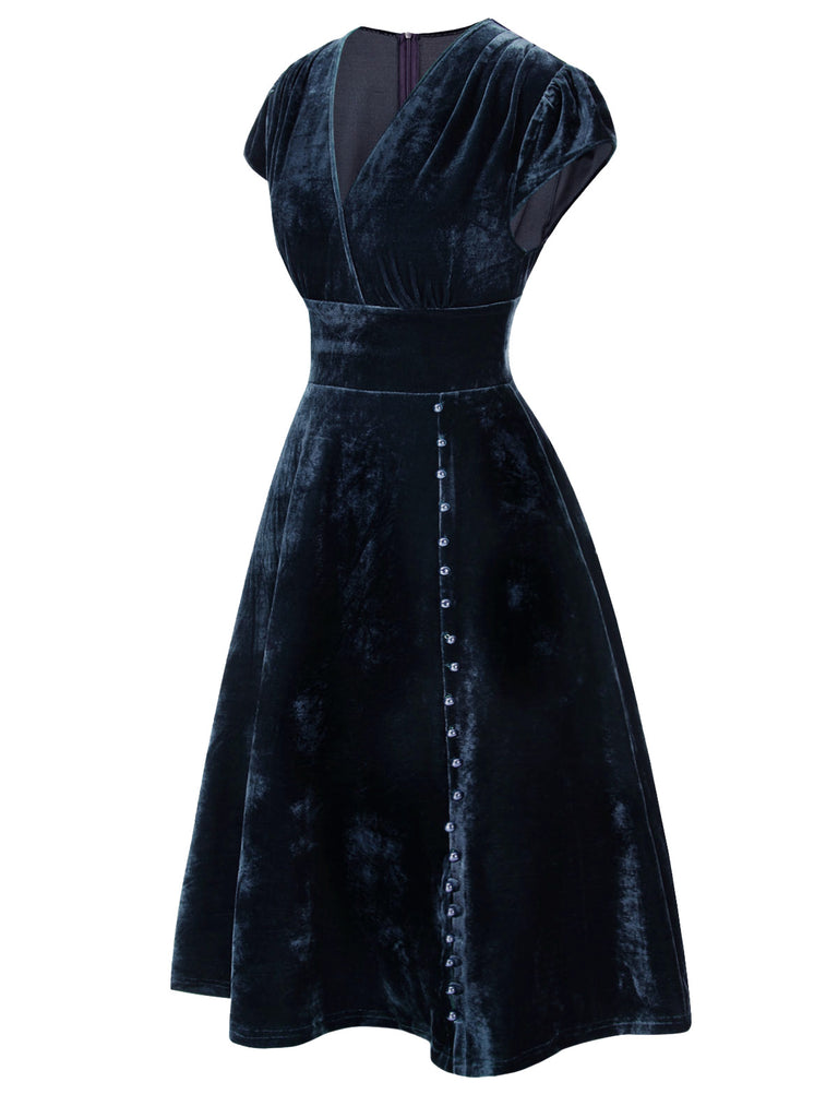 Red 1940s Deep V-Neck Pearl Velvet Dress