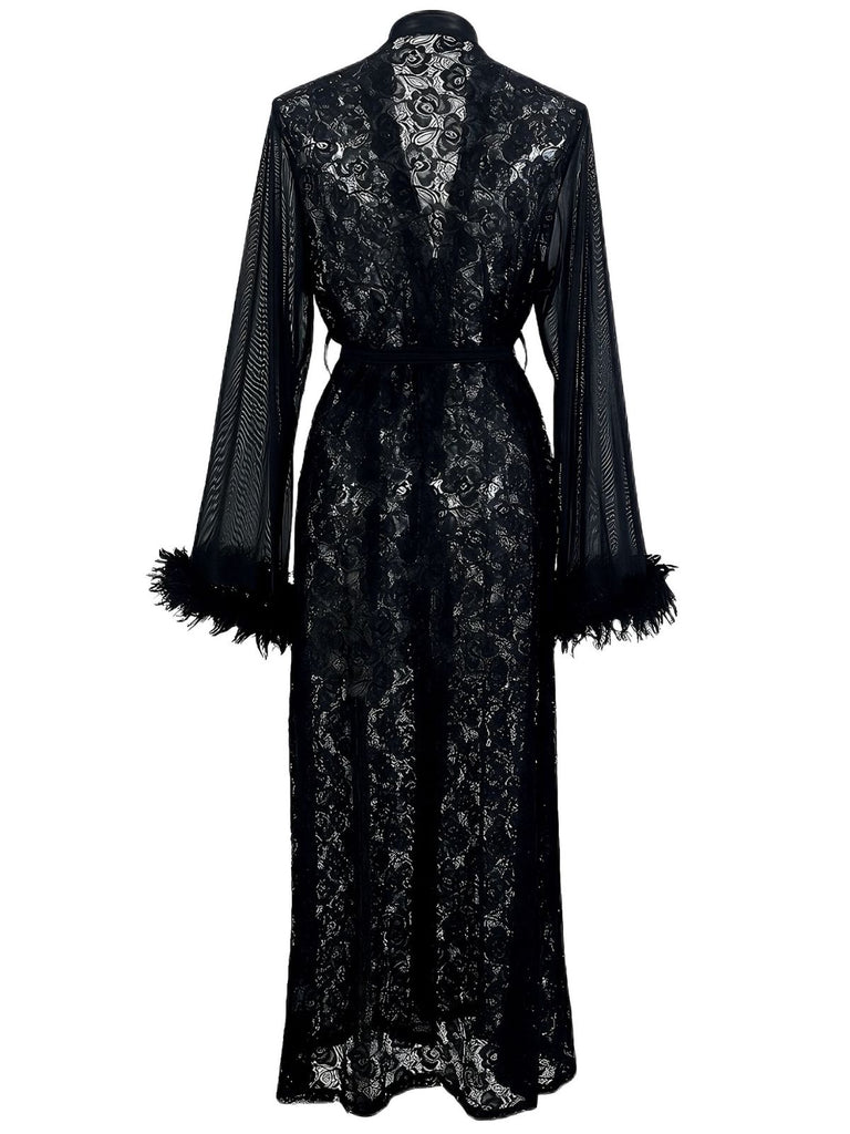 2PCS Black 1940s Lace Sheer Sleepwear Set
