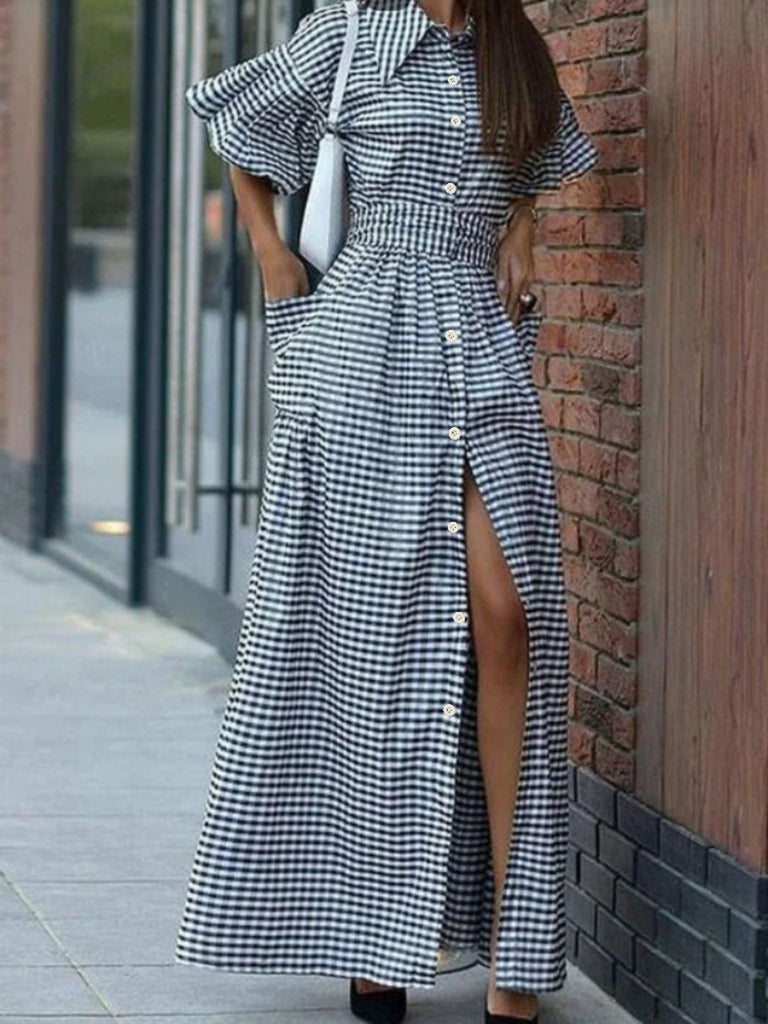Black 1940s Plaid Puff Sleeve Long Shirt Dress